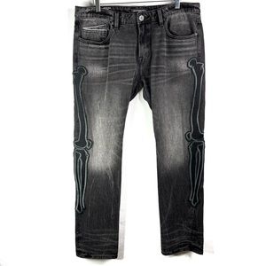 Cult of Individuality Rocker Slim Denim Jeans Bones Patches Faded Black 36 x 33